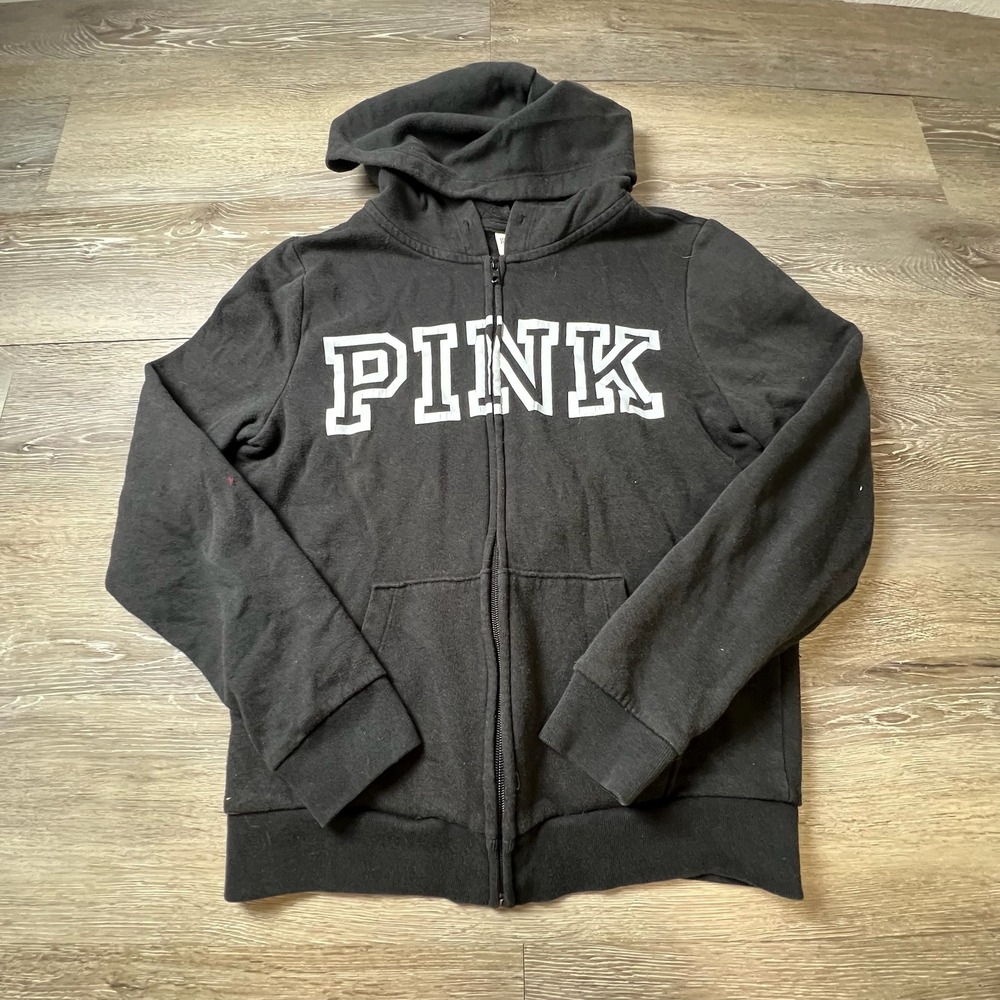 PINK Victoria's Secret Hoodie Women Small Black Full Zip Logo Graphic Sweatshirt